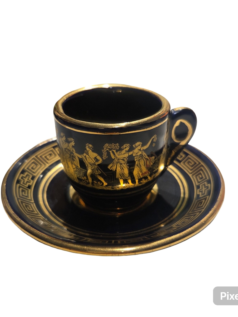 Vintage Hand Made In Greece 24K Gold Tea Cup & Saucer Greek Myth Gold/Black Mark